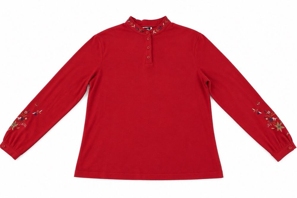 Westbound Women’s Large Red Embroidered Mock Neck Long Sleeve Top Cotton Blend
